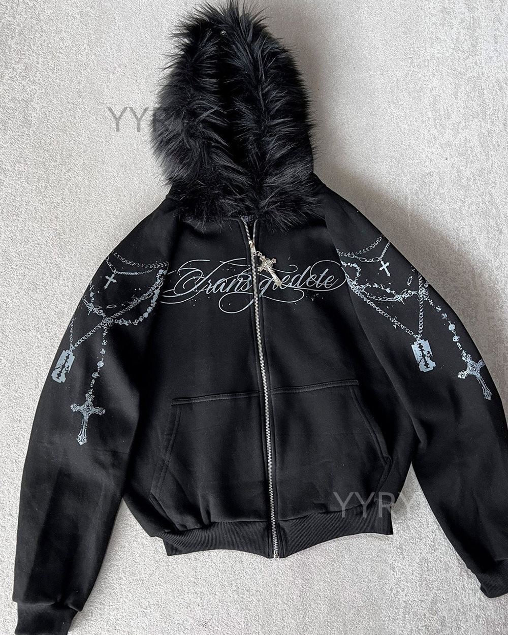 Personalized Printed Zipper Detachable Furry Hat Sweatshirt Sweatpants Set Long Sleeve Pullover Hoodie 250827