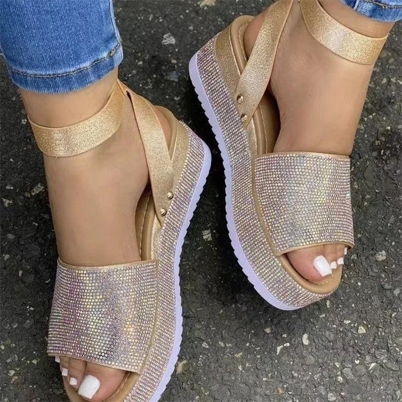 Womens Sandals Fashion Rhinestone Wedge Sandals Ladies Summer High Heels Platform Shoes Outdoor Open Toe Casual Sandals 240528