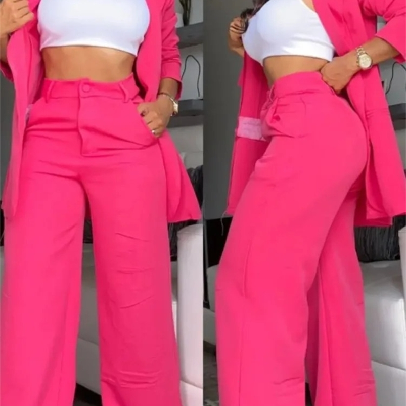 Autumn Womens Fashion Solid Notched Collar Suit Two Piece Business Office Casual Elegant Womens Blazer Coat Trousers Set 240826