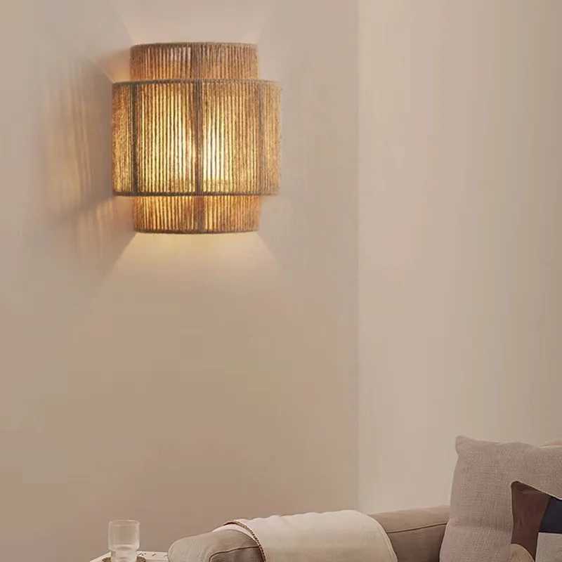 Antique Japanese Hotel Indoor Hemp Rope Rattan Wall Lamp Bathroom Vanity Modern E27 Woven Bedside Wall Light C251124