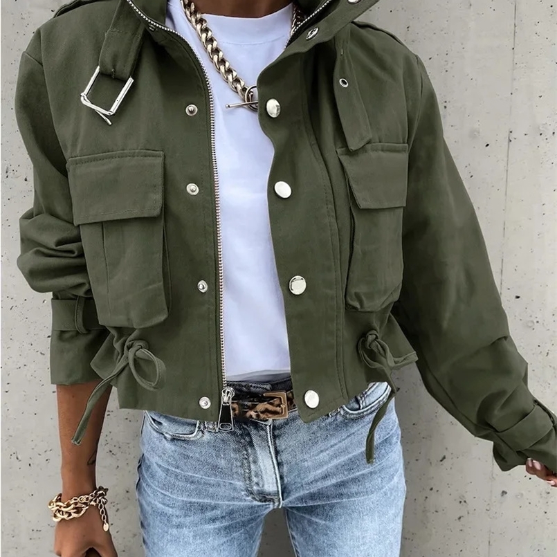 Womens Motorcycle Short Top Pocket Button Long Sleeve Cargo Biker Jacket Autumn Zipper Lace Up Fashion 240827