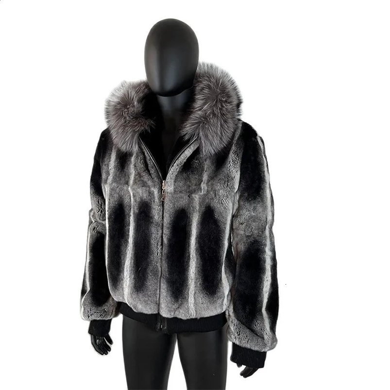 Chinchilla Fur Coats Real Rex Rabbit Fur Hooded Jacket With Natural Fox Fur Collar Real Fur Jackets 240823
