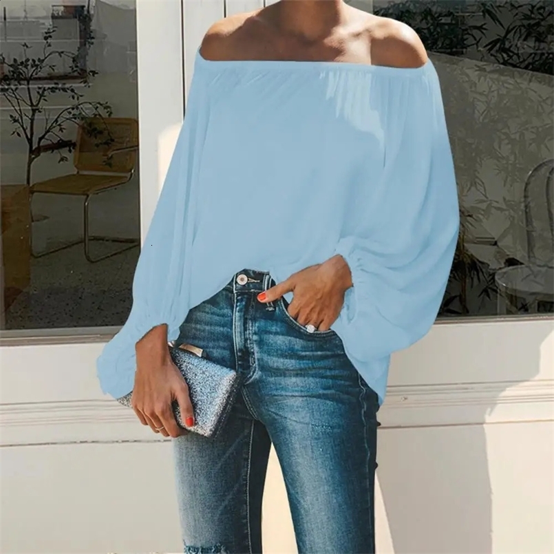 Solid Color Off Shoulder Women Shirt Spring Lantern Long Sleeve Women Blouse Dressing Up Elastic Collar Lady Shirt Streetwear 240827