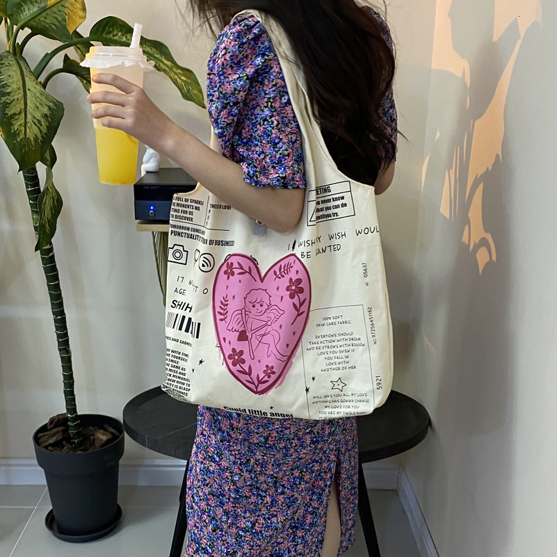 Evening Bags Cupid Women's Canvas Shoulder Bag Girls' Cotton Canvas Shopping Bag Eco Handbag Students' School Bag Women's Large Gr