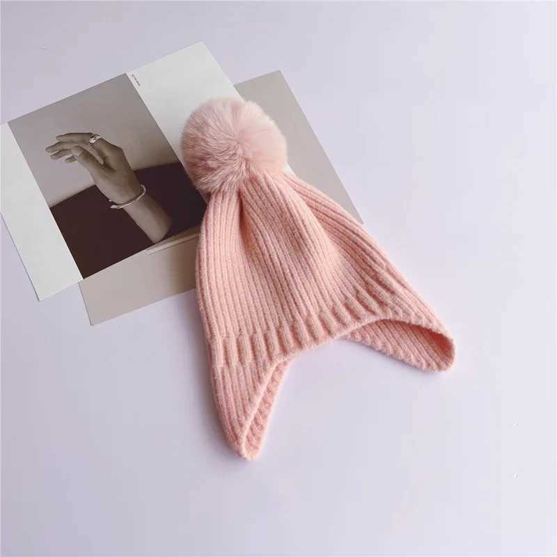 Fluffy Fur Ball Children Knitted Hat Winter Baby Ear Protection Pullover Cap 25year Kids Woolen Earmuffs Caps Pompom Beanies Z251029