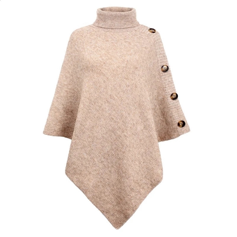 Autumn Winter Shawl Cloak Sweater Solid Color Turtleneck Oversized Cape Coat Female Ponchos Pullover Knitted Bat Sleeve Top 240828