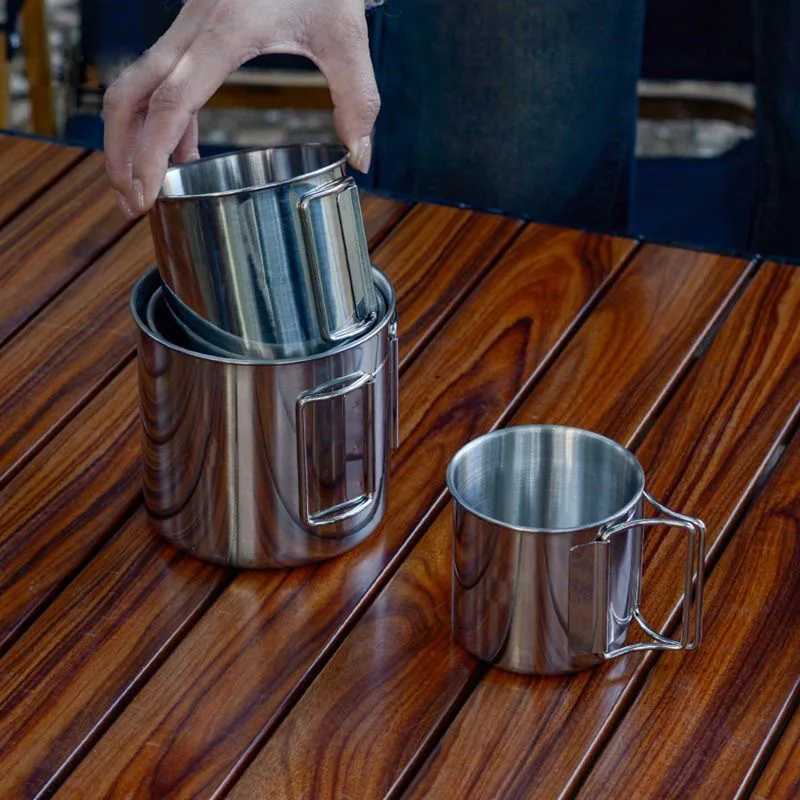 Stainless Steel Mug Folding Handle Coffee Cup Outdoor Camping Cup Thickening Portable Cup for Home Hiking Backpack Equipment J250923