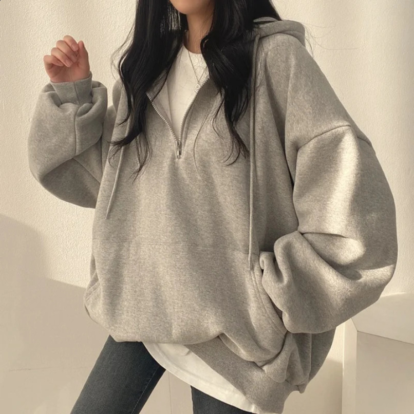 Women Hoodie Harajuku Loose Oversized Solid Color Top Half Zip Up Sweatshirt Female Casual Long Sleeve Pocket Hooded Coats 250113