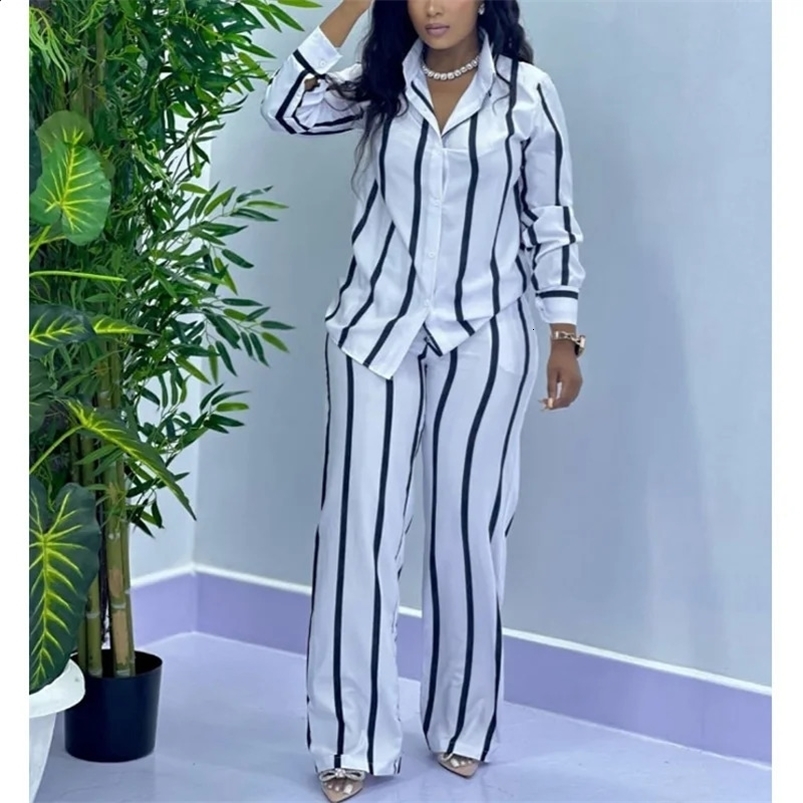 African Fashion Stripe Two Piece Set Women Summer Casual Button Long Sleeved Shirt Wide Leg Pants Two Piece Set Women 240826