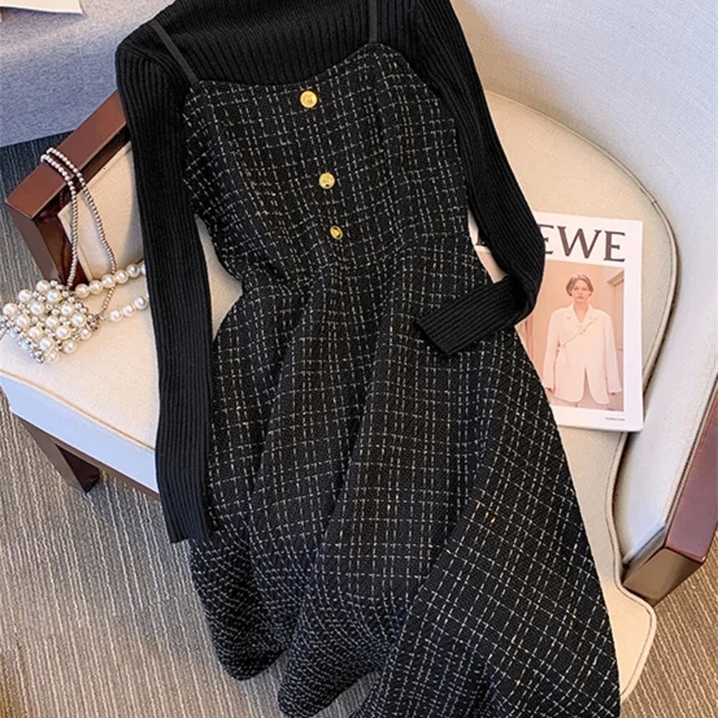 Autumn Winter Two Piece Sets For Womens Outfit Office Ladies Temperaament Korea Casual Knitted Sweatertweed Dresses Sets 4XL 240823