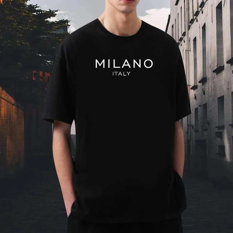Summer mens 100% pure cotton casual loose and fashionable MILANO ITALY letter printed round neck short sleeved T-shirt top 250417