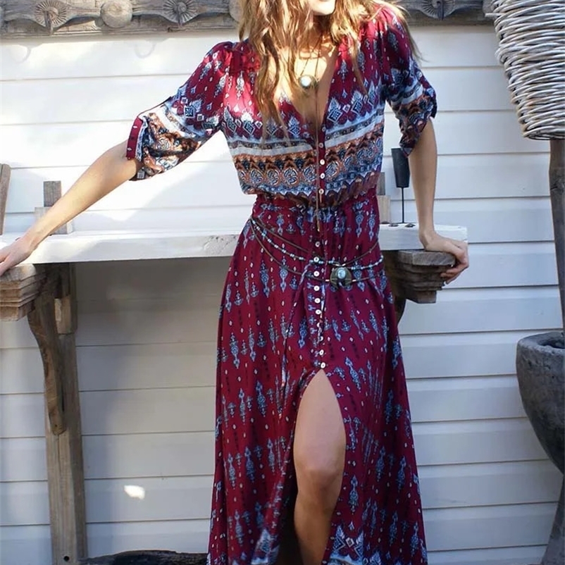 Vintage Boho Printed Long Dress Women Summer Casual 3/4 Sleeve V-Neck Split Beach Holiday Maxi Dress 240529