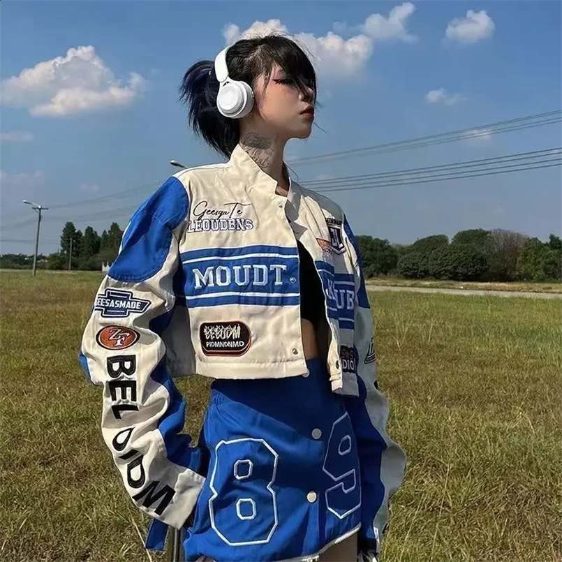 American retro girl detachable motorcycle jacket spring and autumn loose short coat female embroidery baseball uniform 240827
