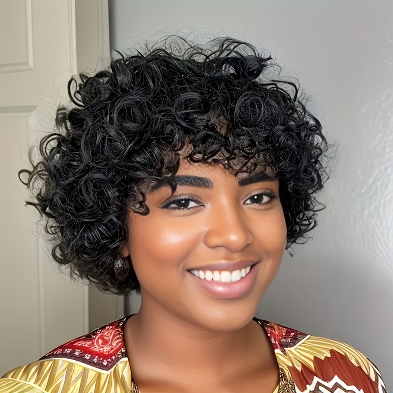 Wig Human Hair 6 inch Short Curly Wigs None Lace Front Wigs with Bangs 180% Density 100% Human Hair Wig