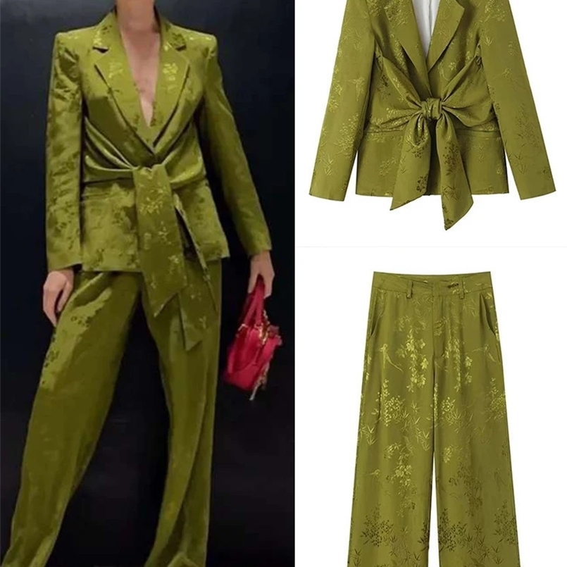 Elegant Jacquard Pants Sets For Women 2 Pieces Summer Bow Pleat Blazer Womens Suit Two Piece Set Casual Lady Outfit 240826