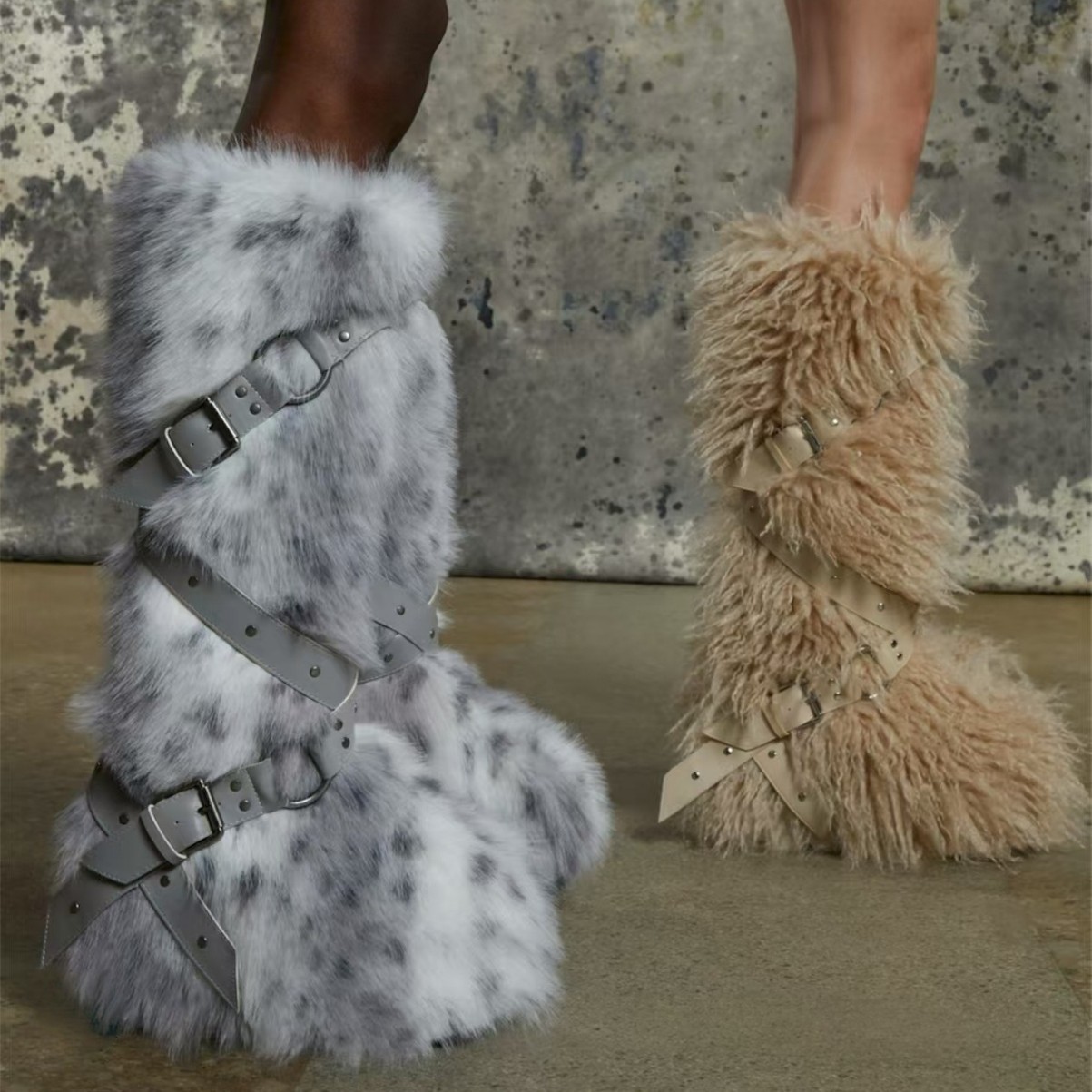 Designer shoes free shipping New leopard print high tube tied furry boots with children's velvet and rivet thick bottom snow boots grey khaki