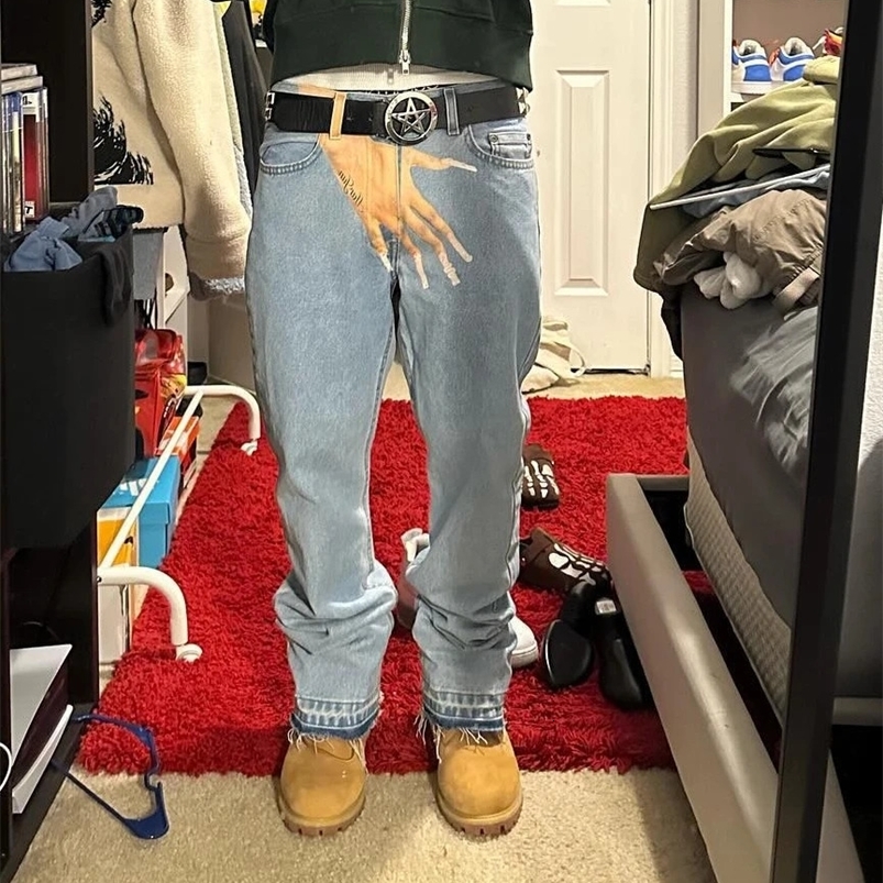 Y2k Gothic Hip Hop Palm Print Baggy Jeans Harajuku Fashion Men Women Streetwear High Waist Denim Pants Vintage Straight Trousers 240824