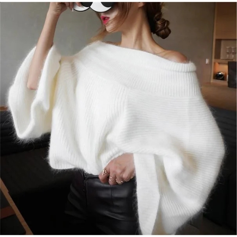 Sexy Off Shoulder Knitted Sweater Women Solid Loose Flare Sleeve Pullover Jumpers Female Mink Cashmere Sweater poncho 240824