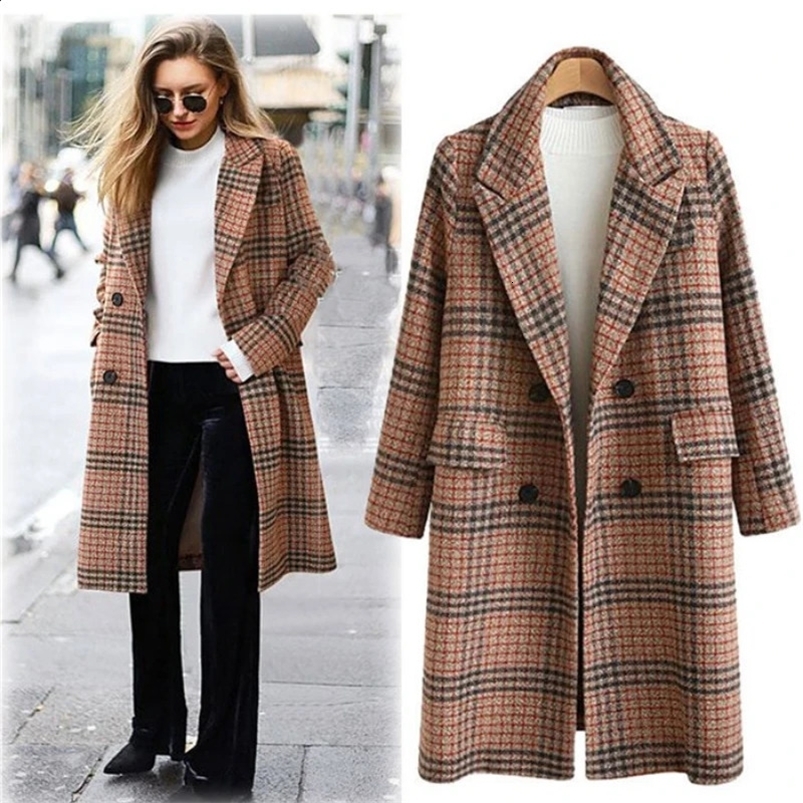 Women Coat Long Jacket Woolen Plaid Double Breasted Lapel Overall Autumn Winter Loose Fitting Blazer Checkered Long Sleeve 240822
