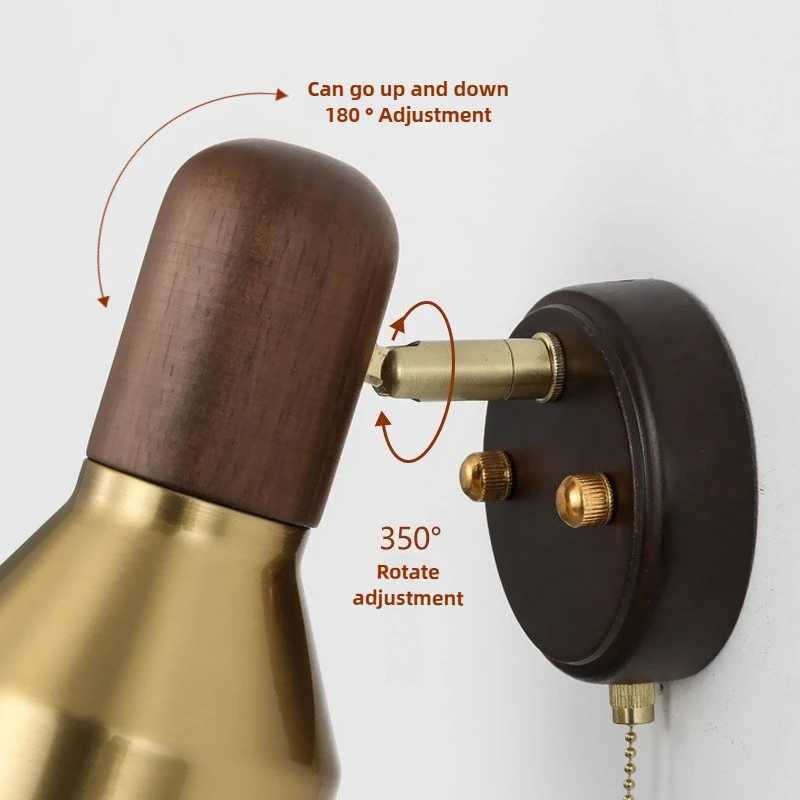 Retro LED solid wood wall lamp with zipper switch living room aisle bedroom bedside lamp with adjustable angle reading lighting C251124