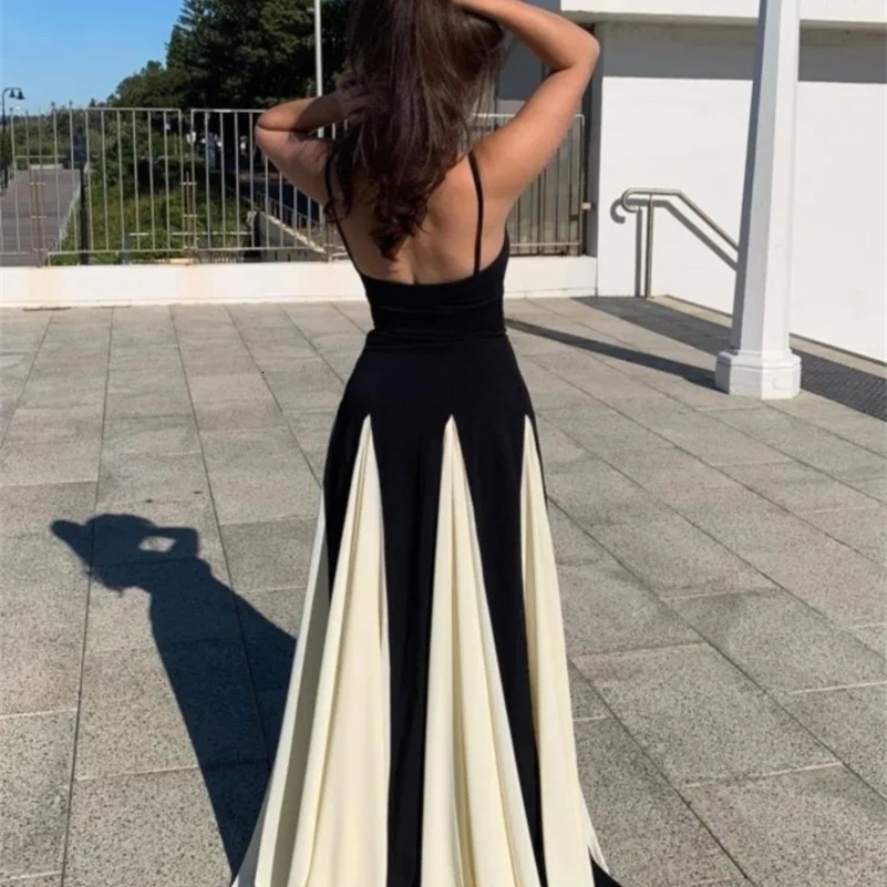 Elegant Black White Contrasting Women Sling Dress Fashion Backless Sleeveless High Waist Maxi Dresses Female Party A-line Robes 241228