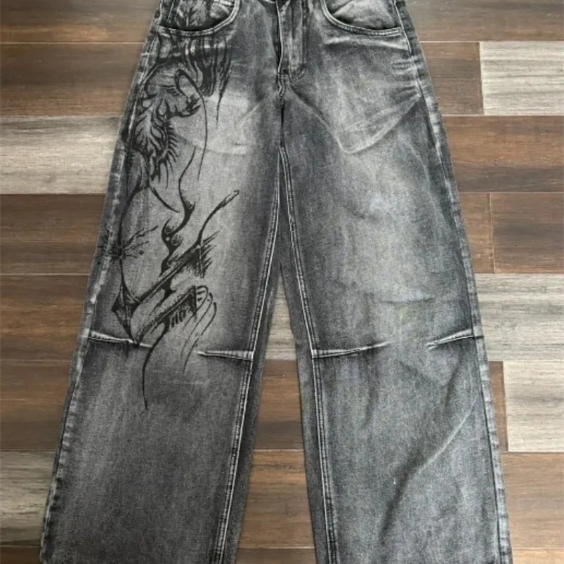 American Harajuku Retro Printed Jeans Y2K Womens Washed Grey Straight Pants Street Gothic Loose Unisex Trouser 240930CJ