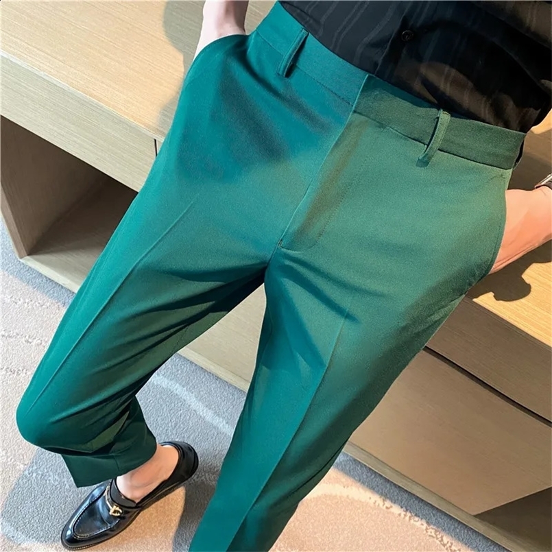 9 Color Summer Fashion Mens Suit Pants Pure Color Business Formal Pants Slim Fit Office Mens Wedding Social Ankle Long Trousers 240827