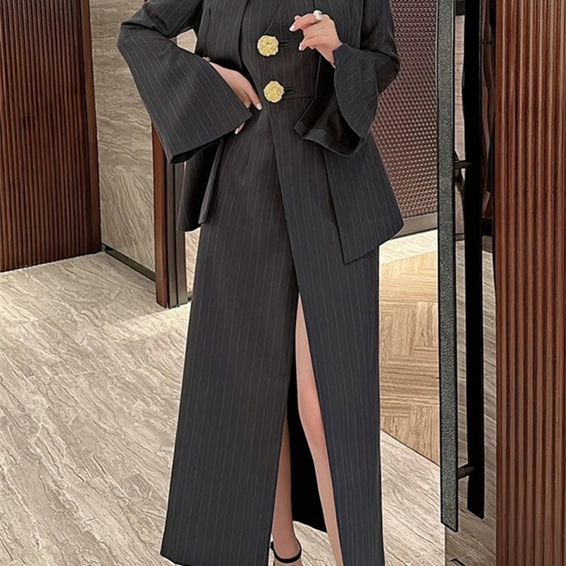 BZVW Womens 2 Pieces Sets Fashion Striped Suit Jacket V-neck Sleeveless Single Breasted Slit Dress Autumn 5R5493 240826