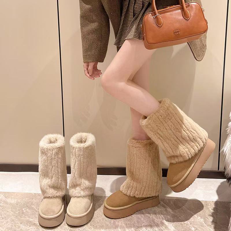 2024 Winter New Fashion Furry Hem Wedge Non-slip High Women's Outdoor Warm and Comfortable One-foot Snow Boots