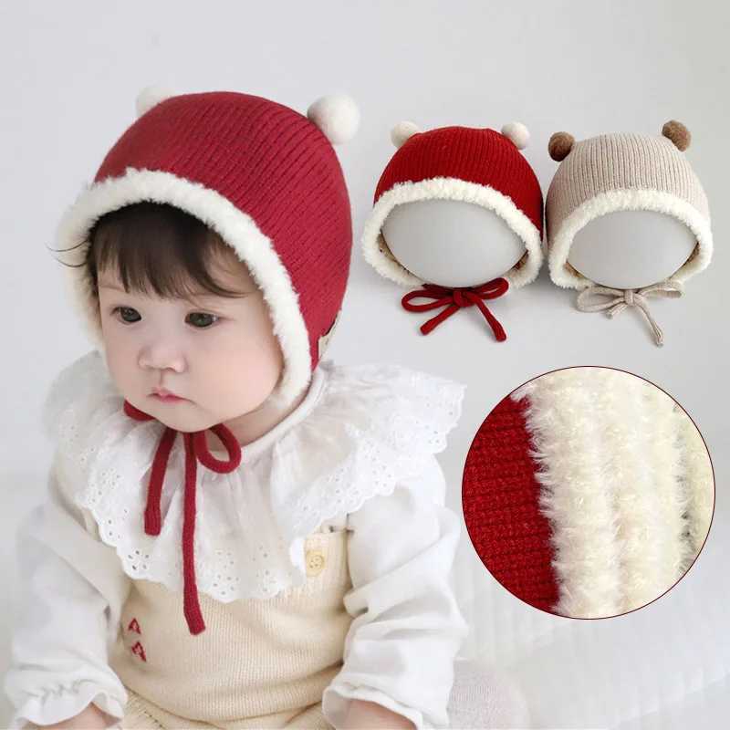 New Year Red Baby Pullover Cap Winter Warm Newborn Ear Protection Hat Fluffy Fur Edge Headgear Bonnet 220M Kids Knitted Beanies Z251029