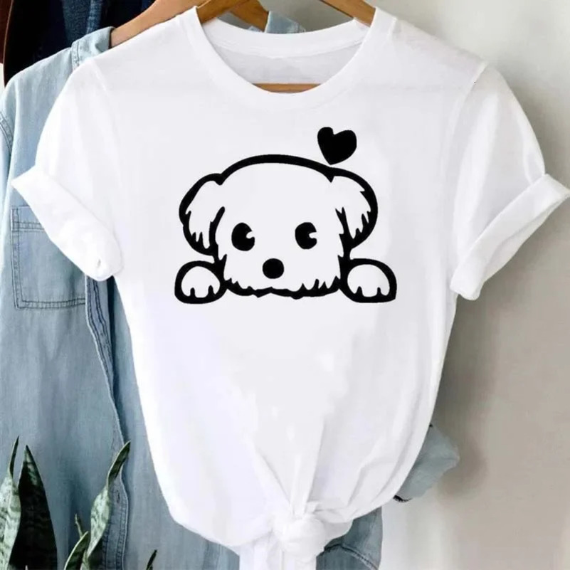 Plus Size Women Dog Heartbeat Print T-shirt Funny 90s Print T Tee Fashion Tshirt for Female Red Shirt Clothes Tops 250417