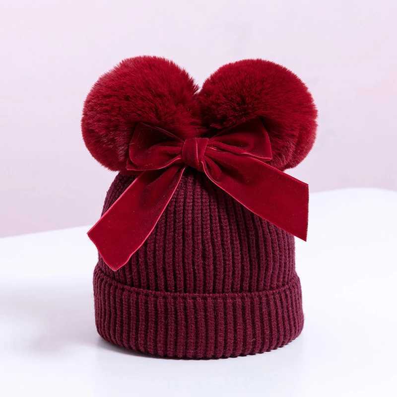 Baby Double Pompom Hat Velvet Bow Winter Girls Warm Knit Thicker Pom Hats Ball Children Beanie Cap Kids Bonnet Casquette Z251029
