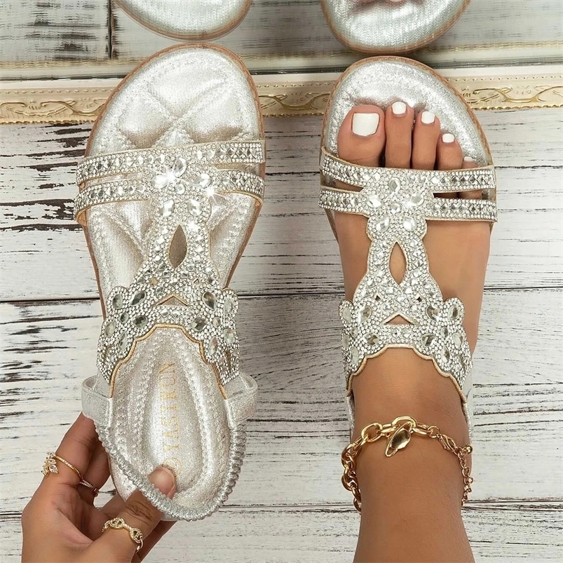Rhinestones Sandals For Women With Elastic Ankle Strap Bohemian Beach Shoes Fashion Crystal Floral Casual Open Toe Shoes 240528