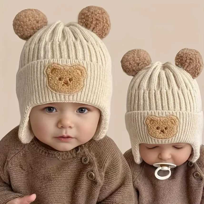 Winter Baby Beanie Cartoon Bear Ear Protection Knitted Hat Suitable for Toddling Boys and Girls Z251029