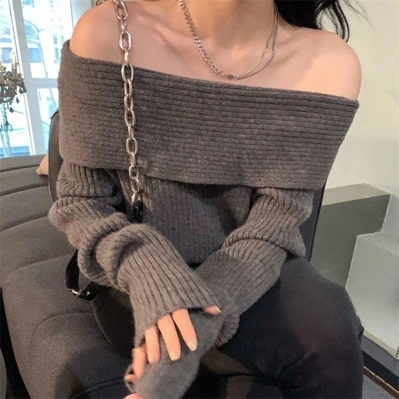 Off Shoulder Knitted Sweater Women Long Sleeve Elegant Pullovers Autumn Winter Pure Color Fashion Sexy Y2k Clothing Tops Korean 240824