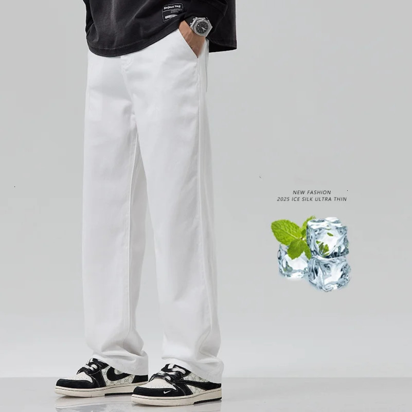 Mens White Jeans Summer Thin Ice Silk Loose Straight Leg Wide Leg Pants Fashionable Washed and Hanging Casual Versatile Pants 250605