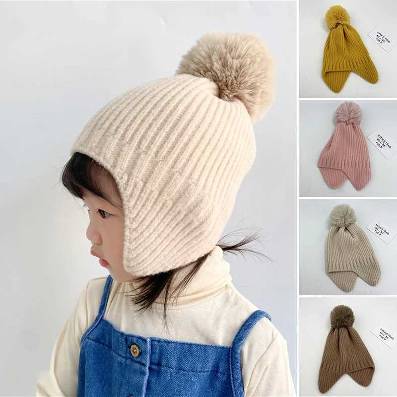 Fluffy Fur Ball Children Knitted Hat Winter Baby Ear Protection Pullover Cap 25year Kids Woolen Earmuffs Caps Pompom Beanies Z251029