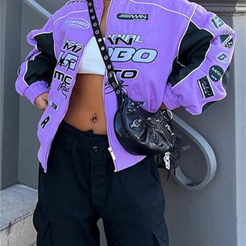 Kontturi Fall Casual Letter Print Jackets For Women O Neck Long Sleeve Zip Up Coat Streetwear Outfit Purple Varsity Jackets 240827