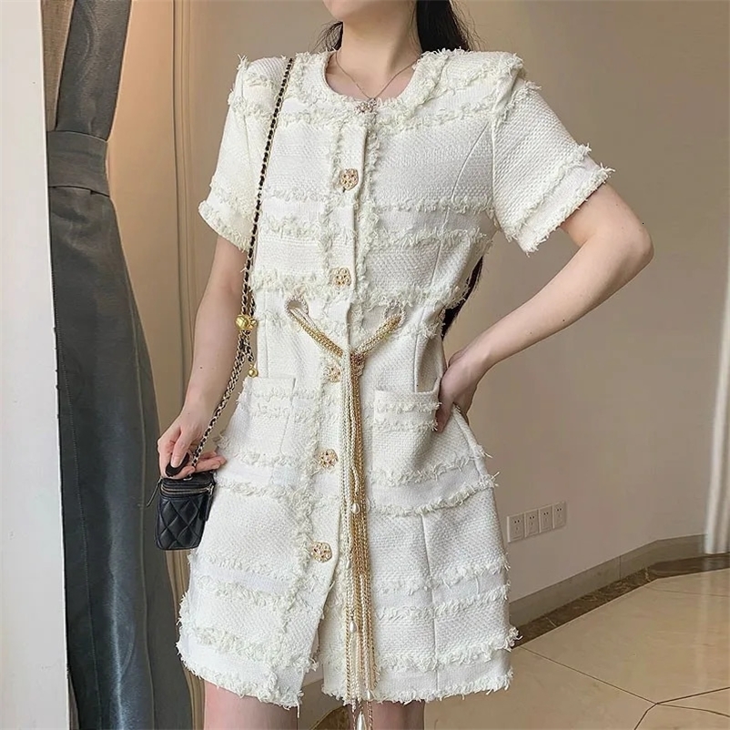 High Quality Fall Winter Fashion Women Cashmere Braid Tweed Button Pocket Pearls Chains Tassel Spliced Elegently Mini Dress 240529