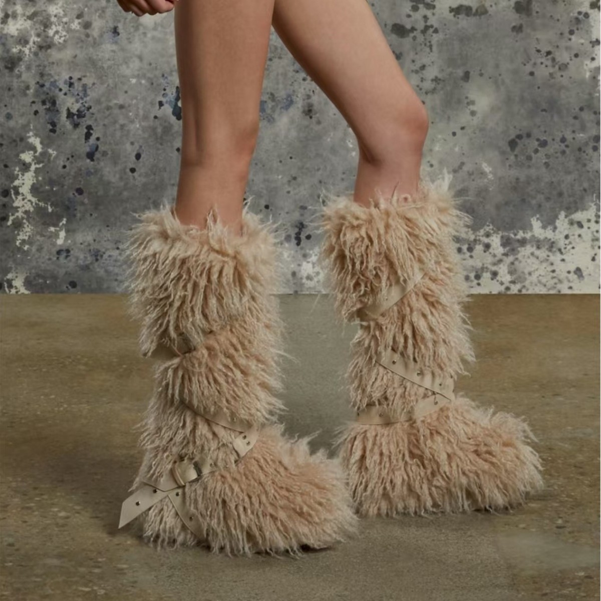 Designer shoes free shipping New leopard print high tube tied furry boots with children's velvet and rivet thick bottom snow boots grey khaki