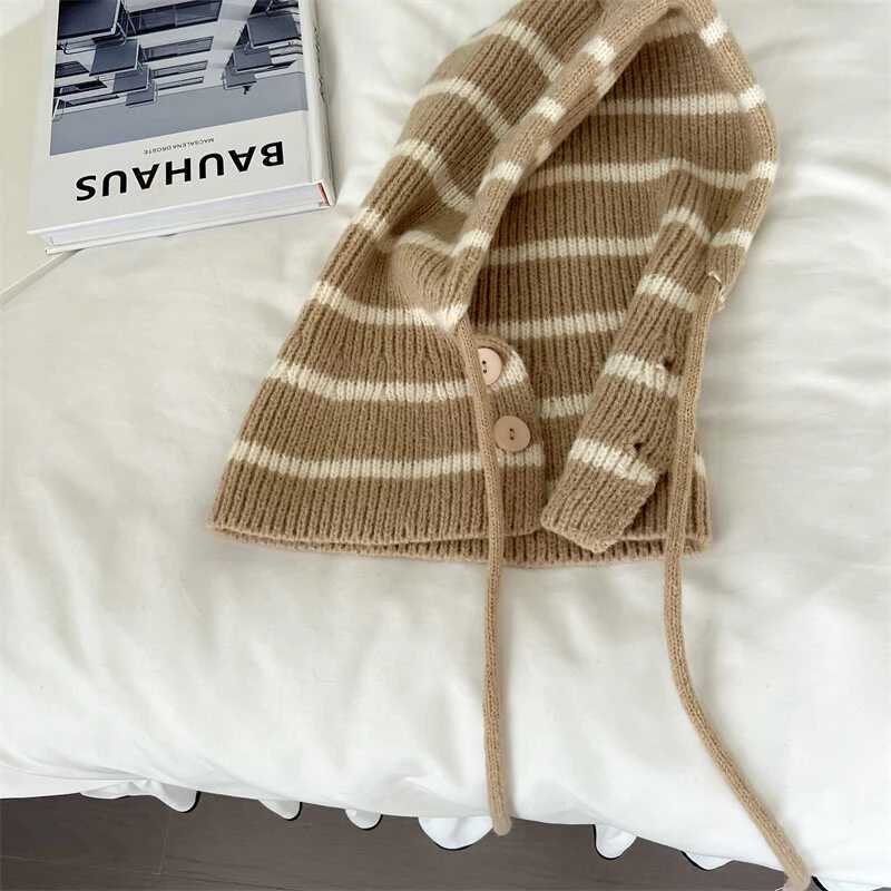 Winter Knitted Kids Hooded Beanie Fashion Striped Girls Boys Balaclava Hat Children Windproof Warm One Piece Scarf Cap Z251029