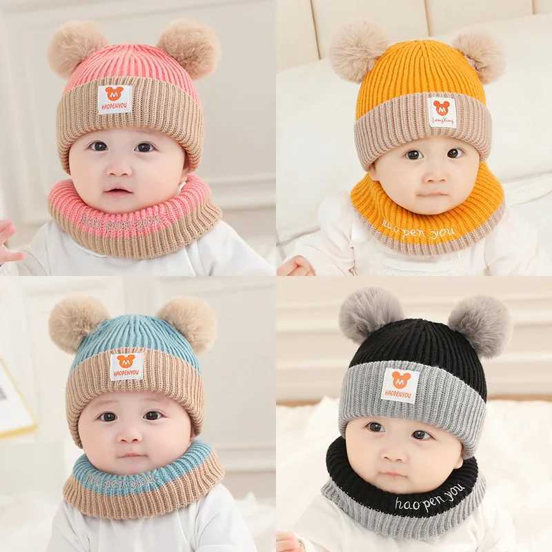 1Set Baby Hat Scarf Set Bear Warm Knitted Children Winter Hat Cap Bonnet Infant Toddler Kids Hat Boys Girls Crochet Beanie Z251029