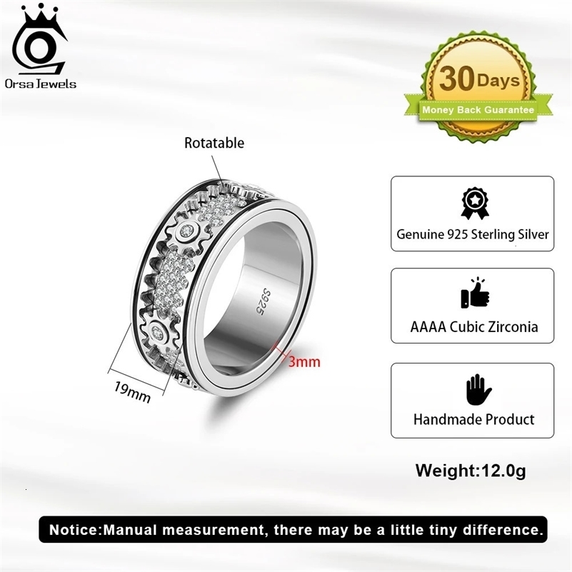 ORSA JEWELS 100% 925 Sterling Silver Rotating Gear Rings for Men Vintage Statement Thumb Rotatable Fidget Band Jewelry NMR14 240624