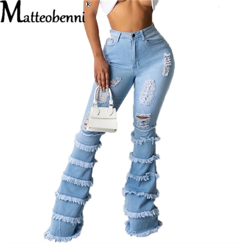 Sexy Women High Waist Stretch Pants Washed Destroyed Holes Ripped Denim Tassel Skinny Flare Jeans Bell Bottoms Z260313
