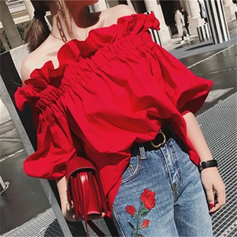 Women Korean Ruffles Off Shoulder Tee Top Puffy Sleeves Red Chiffon Blouse Female Oversize Casual Shirt Lady Chic 240827
