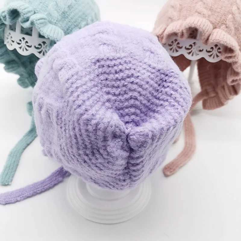 Winter Baby Girls Lace Ruffle Earflap Hat Toddler Warm Thicken Knitted Beanies Hat Infant Solid Ear Protection Caps Bonnet Z251029