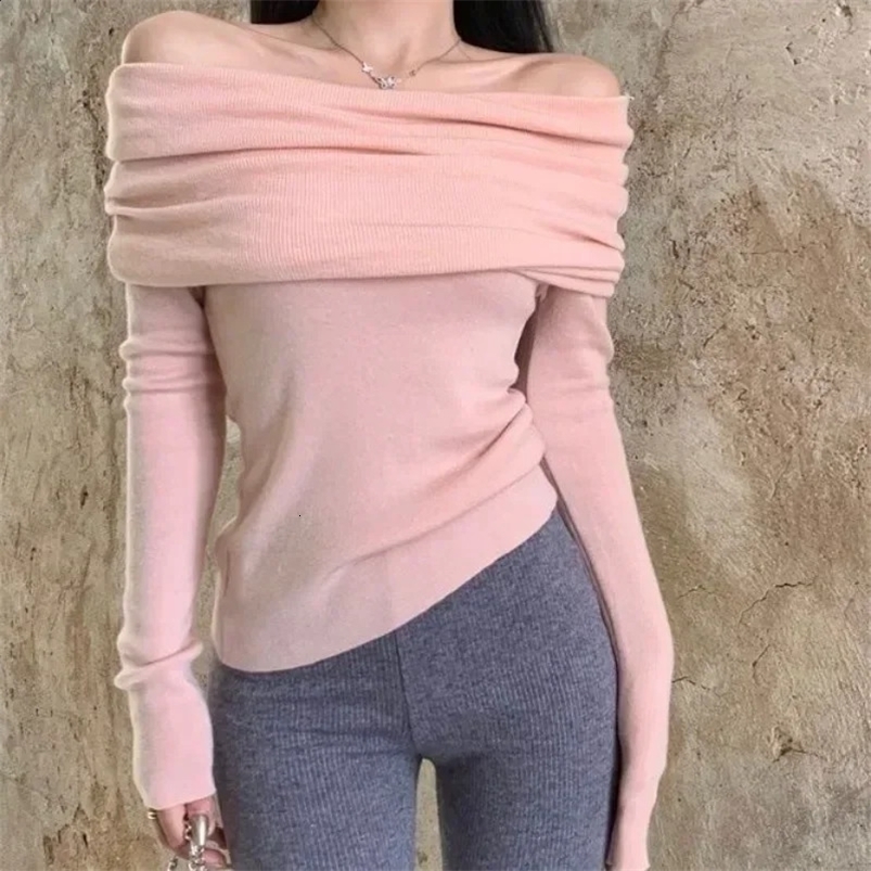 Slash Neck Sweater Off Shoulder Knitwear Jumper Korean Fashion Women Slim Sexy Y2k Autumn Winter Clothing Pink Black Apricot 240824