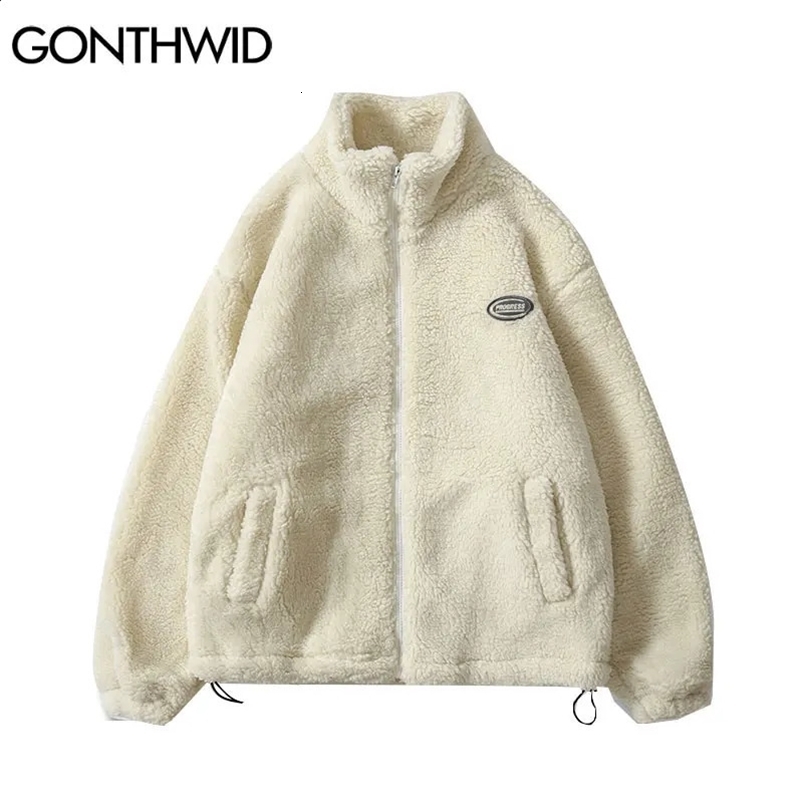 Hip Hop Winter Fleece Fluffy Jacket Streetwear Harajuku Fuzzy Zipper Coat Men Autumn Solid Color Lightweight Jackets Black Beige 240823