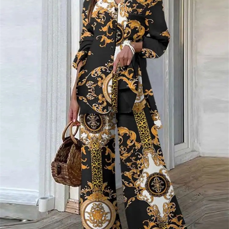 ZANZEA Casual Loose 2pcs Pantsuits Women Vintage Printing Side Slit Long Shirt Outfits Commtuing Wide Leg Trouser Pant Sets 240826