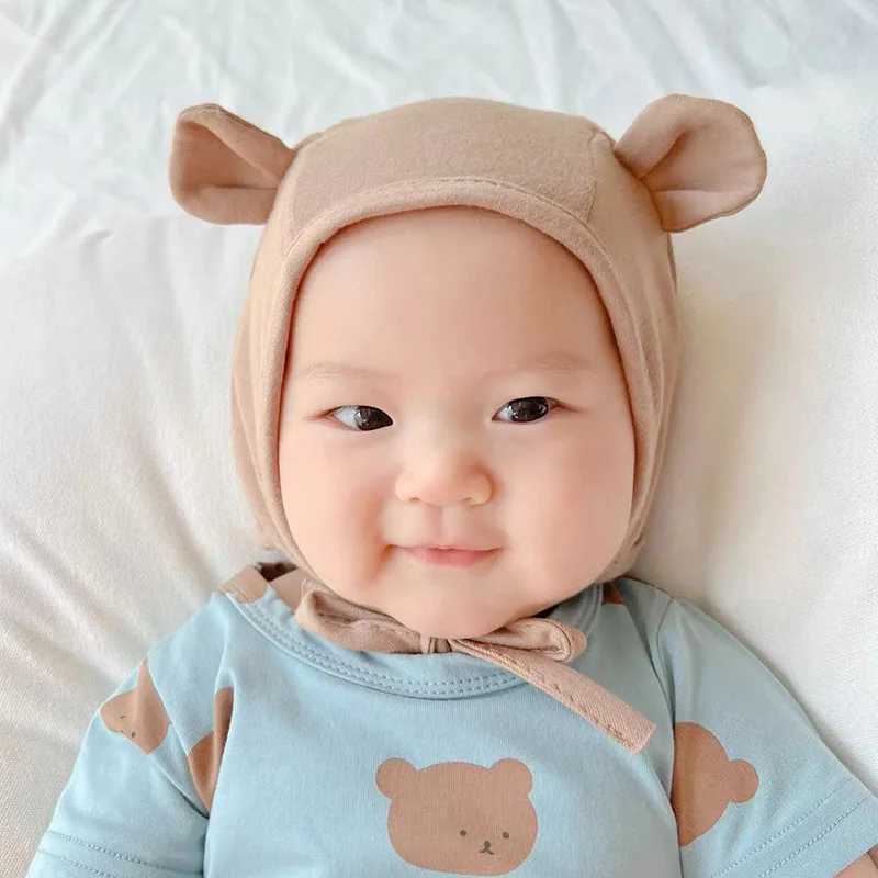 Cute Bear Ear Baby Beanie Cap Soft Cotton Newborn Ear Protection Hat Korean Solid Color Infant Boy Girl Laceup Bonnet Z251029